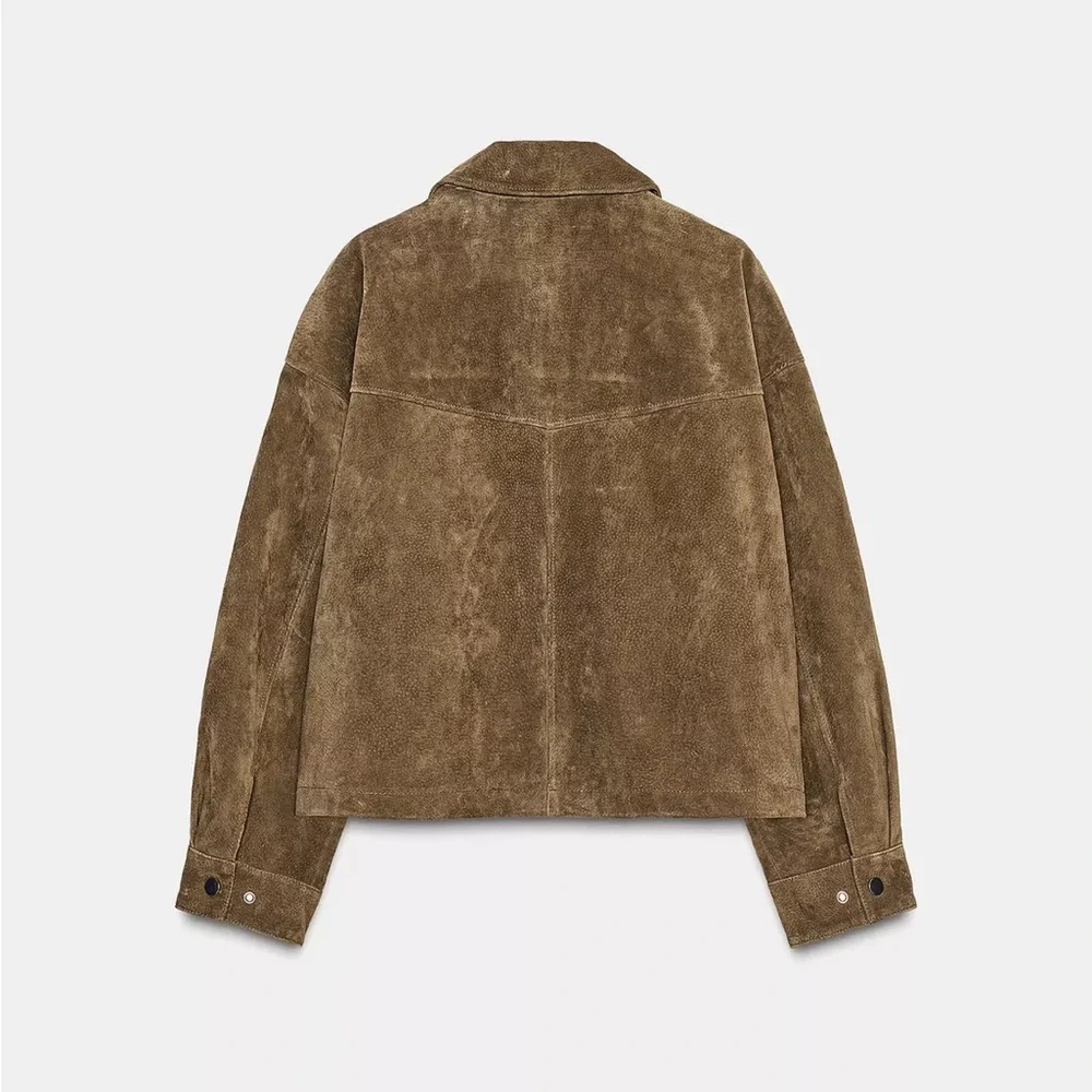 Zara Olive Brown natural suede leather bomber jacket - Picture 3 of 11